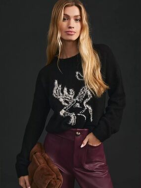 By Anthropologie Women’s Black and White Deer Sweater, Size Medium